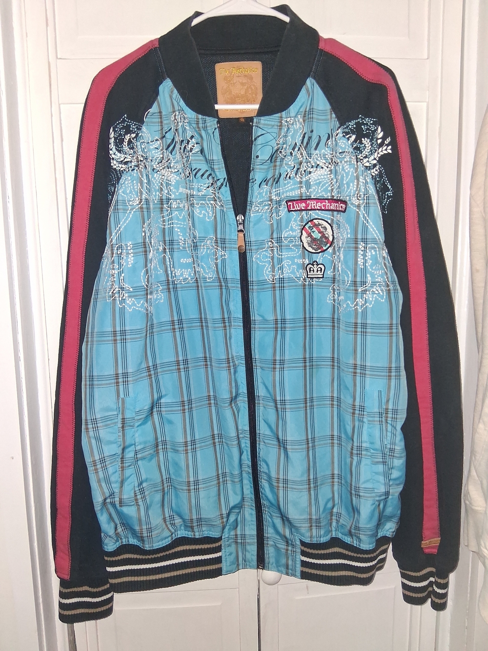 Live Mechanics Leather Patch Logo Plaid Jacket